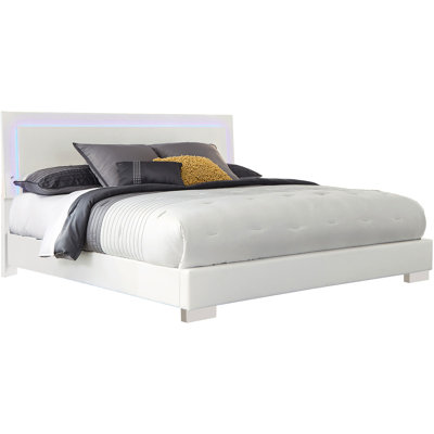 King Glossy White Bed, Led - Accented Headboard, Touch Activated Lighting, Smooth Faux Leather Upholstery, 48.5 Inches High, 75.5 Wide, 91.5 Long, Bedroom Glamour In Height, Width, Length,