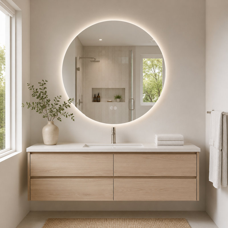 32 Inch Round Frameless LED Bathroom Mirror with Dimmable Three Color Lighting Anti Fog and Shatter Resistant 5 mm Copper Free Silver Glass