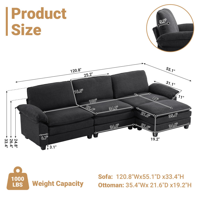 Canapé et canapé avec repose-pieds Avrilynn, Polyester bleu, 120"W x 32.3"D x 33.5"H (3-Seat)