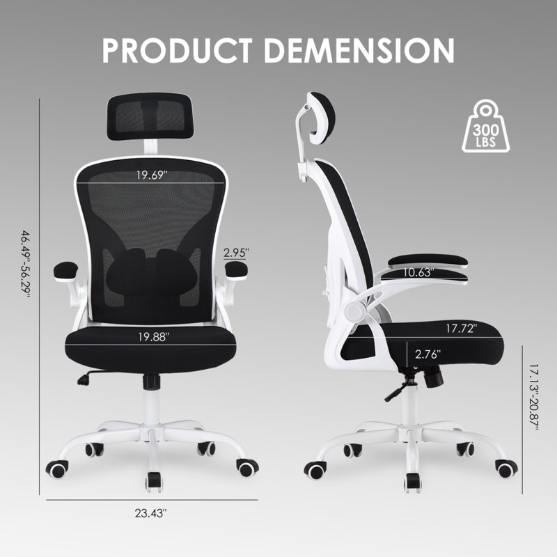 Chaise de bureau ergonomique en maille à haut dossier avec appui-tête réglable et soutien lombaire, Blanc, Noir