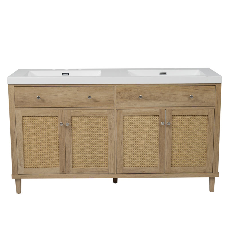 Ensemble de meuble-lavabo double 60 po, Bois naturel