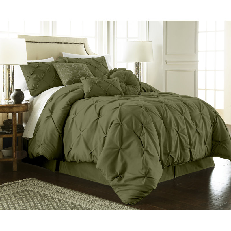 Ensemble d'édredon en microfibre 7 pièces Sydney Pintuck, Édredon de grande taille et 6 pièces supplément, Olive
