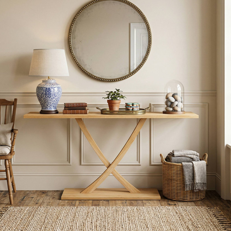 57" Solid Wood Console Table, Natural Teak Wood Frame & Unique Geometric Accent Design, Scratch-Resistant Waterproof Finish & Anti-Tip Design, Fits Living Room, Entryway