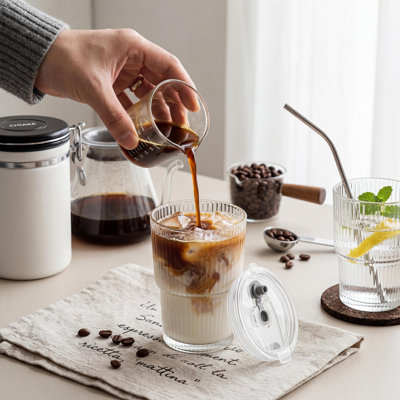 6-Pack 13oz Ribbed Glass Tumblers with Lids & Straws, Clear Borosilicate Drinking Glasses for Iced Coffee, Reusable Cups with Airtight Seal