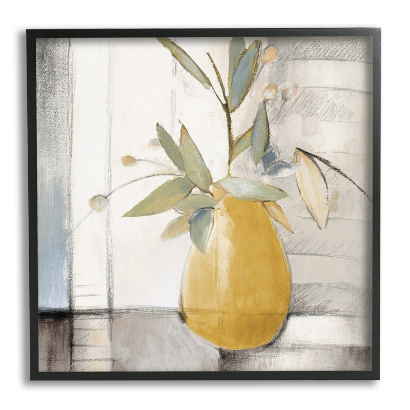 Abstrait plante pittoresque en pot feuilles vertes mur gris, H 12 po x l 12 po, Giclée encadrée noir minuit