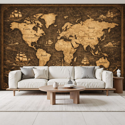 Kids Learning Peel and Stick Wallpaper for Classroom Vintage World Map Ships Compass Rose School Supplies Wall Murals 100"H x 144"W Removable PVC Wall Paper Self-Adhesive Wall Decor for Bedroom Nursery