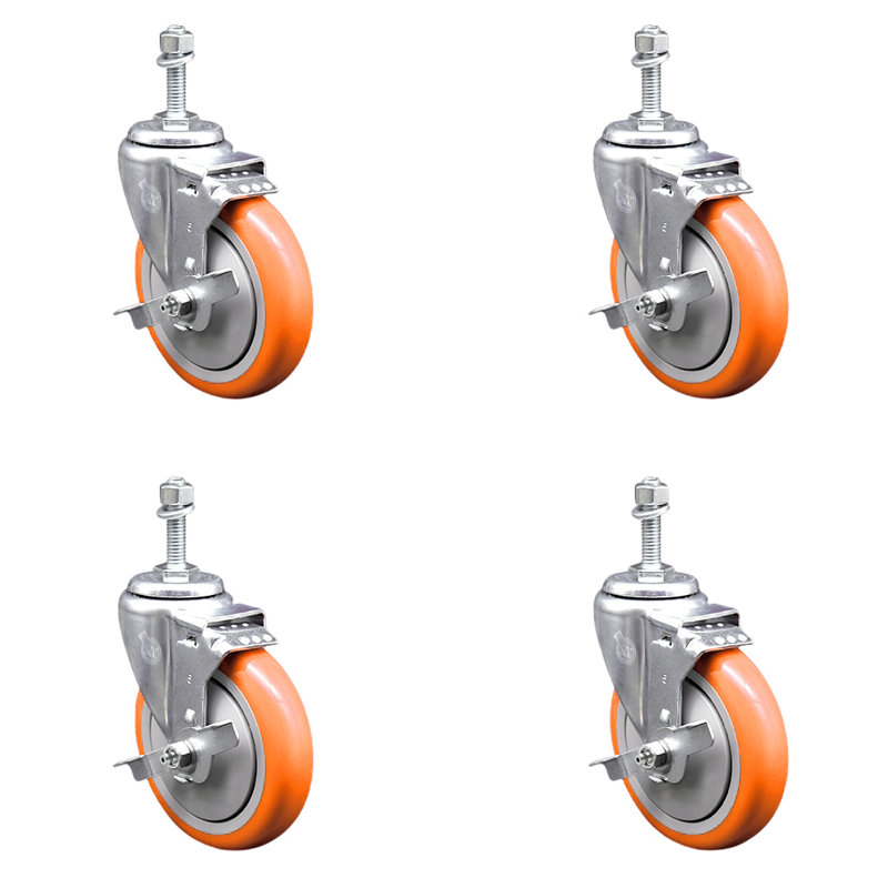 Polyurethane Wheel Swivel 10mm Threaded Stem Caster Set 2 Brakes