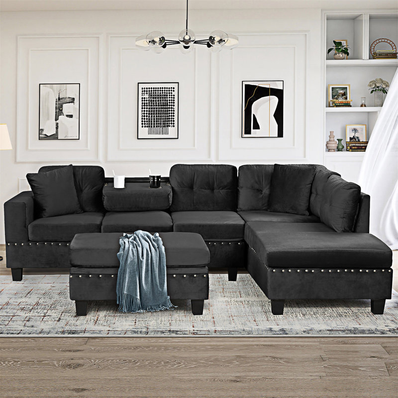 Canapé modulaire avec repose-pieds avec rangement et méridienne réversible, Velours noir