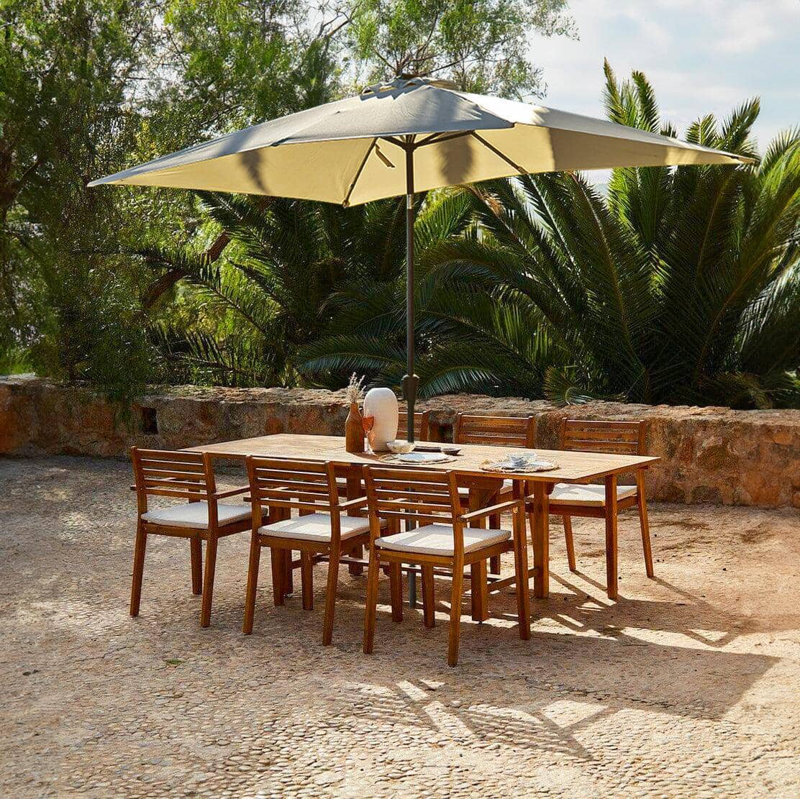Sirmans 6 - Person Wood Patio Dining Set with Rectangular Table, Cream Regular Umbrella (With Cushions)