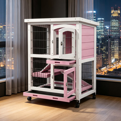 Two Layer Wooden Rabbit Hutch Outdoors & Indoors Use With Wheel And Tray, Pink With White