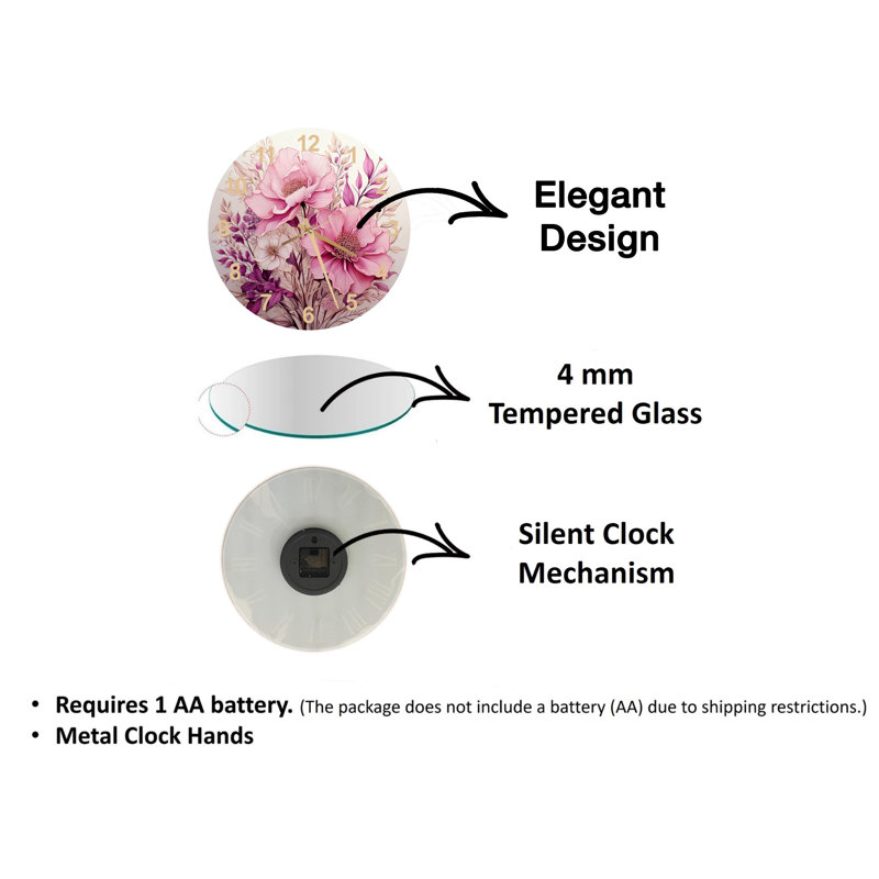 Horloge murale en verre trempé luxuriant avec pivoines et fleurs sauvages, Noir