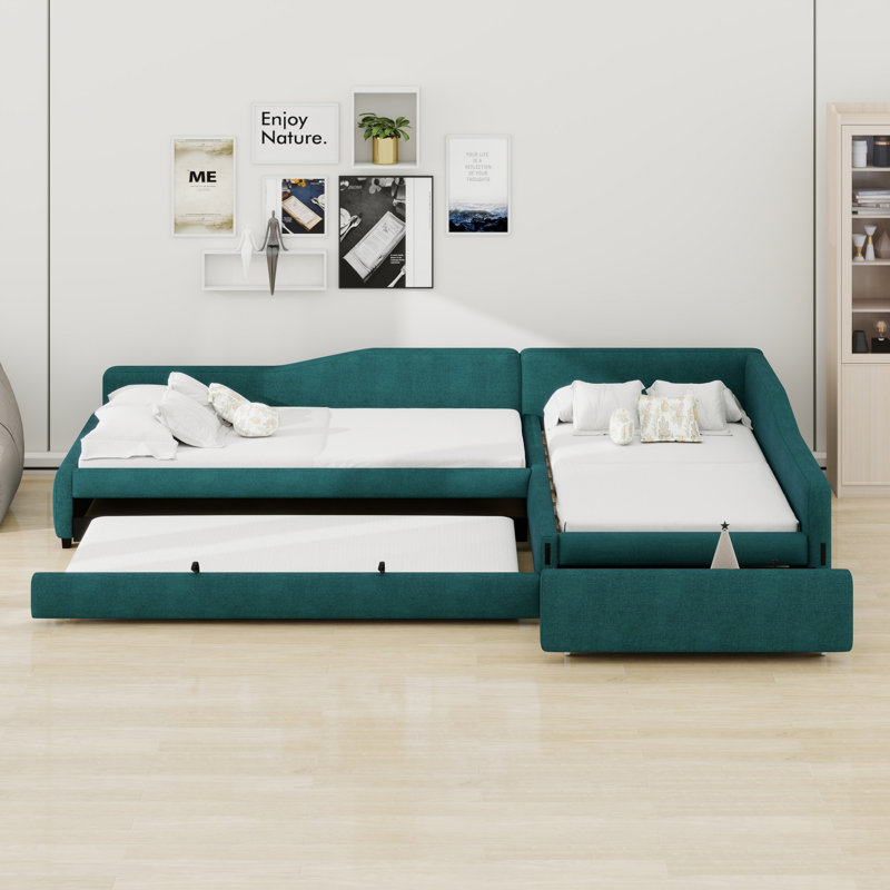 Upholstered Double Daybed With Trundle And Drawer, Green