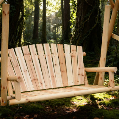 Balancelle d'extérieur pour deux personnes, finition en bois naturel, structure «a», sièges confortables, balançoire à 2 places idéale pour le patio, bois de pin, conception ergonomique, structure de la structure, lente et stable