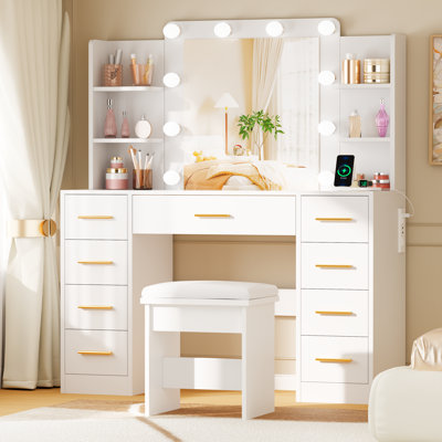 55.1"h Makeup Vanity Desk With 9 Drawers, Glass Top & Power Outlet by Wrought Studio