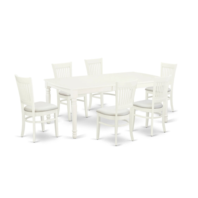 Alythia Solid Wood Top Four Leg Dining Set, Linen Fabric, 7 Pieces: Table, 6 Chairs