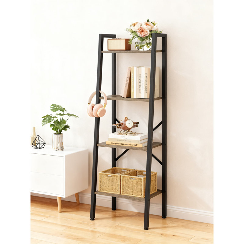 Industrial Ladder Bookshelf With Metal Frame, 4 Tier Tall Narrow Storage Shelf For Living Room, Home Office, Bedroom And Kitchen Display