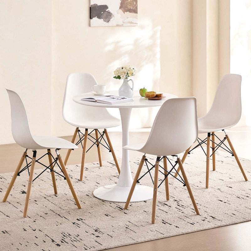 Ensemble de salle à manger moderne 5 pièces, table ronde tulipe de 80 cm avec 4 chaises, pied central en métal, chaises à assise en plastique et pieds en bois, blanc