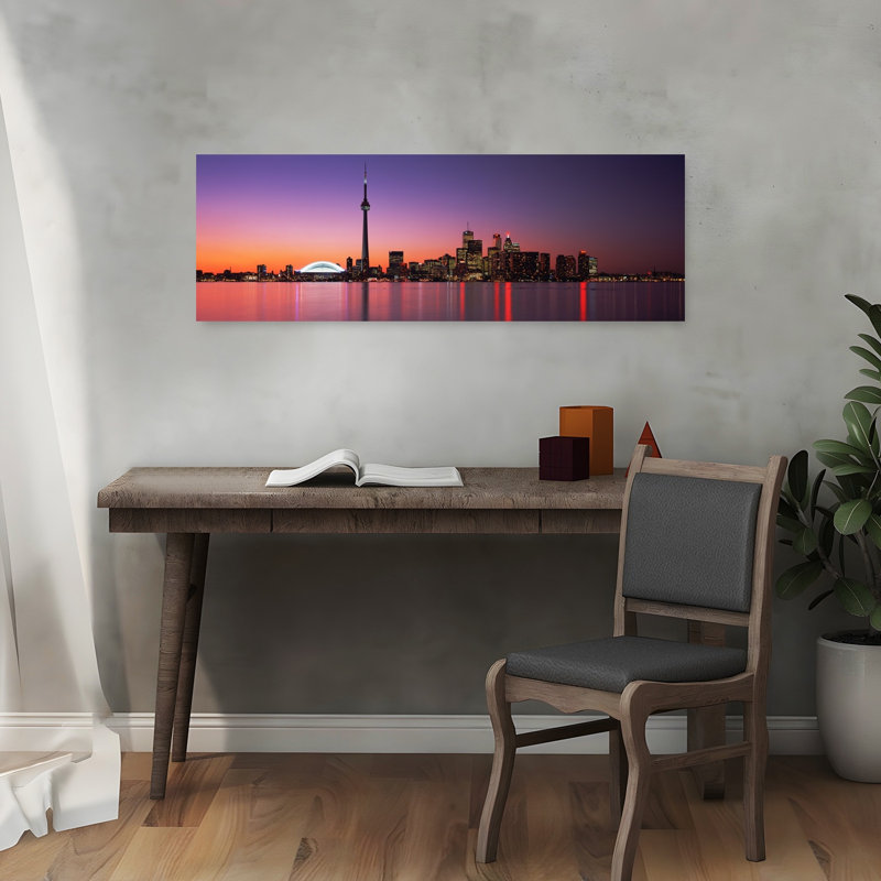 Reflection of buildings in water CN Tower Toronto Ontario Canada 1 Piece Wrapped Canvas Panoramic Wall Art