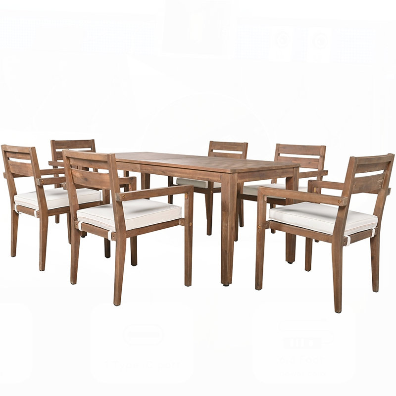 Ensemble de salle à manger 7 pièces en bois d'acacia avec coussins, table spacieuse et chaises empilables pour un usage extérieur polyvalent