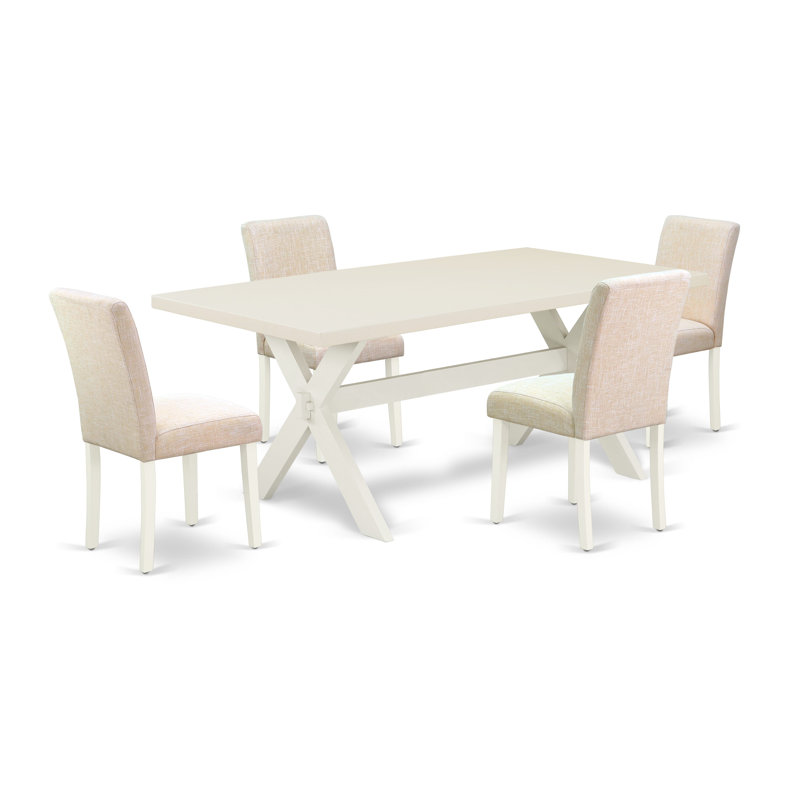 Ensemble de salle à manger 5 pièces comprenant une table rectangulaire à pattes en X et 4 chaises rembourrées en lin beige clair.