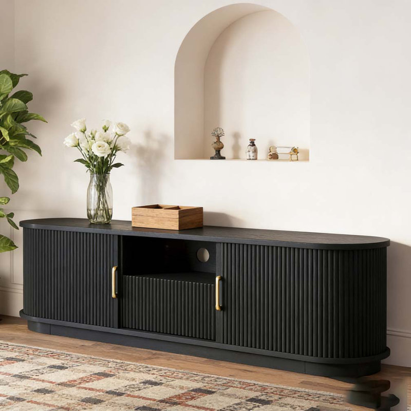 Meuble télé avec portes à lattes coulissantes en bois pour téléviseur de 75 po ou moins, Noir