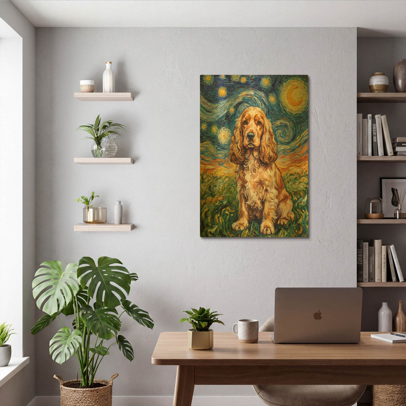 «English Cocker Spaniel Starry Night» par Rich Monet, art mural en métal doré, 24 po x 36 po, 24"x36"