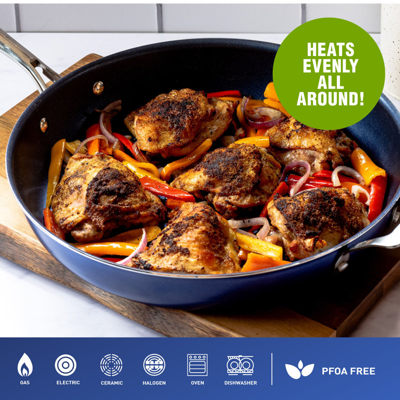 Granitestone Blue 14" Nonstick Aluminum Frying Pan with Helper Handle and Tempered Glass Lid, Oven & Dishwasher Safe