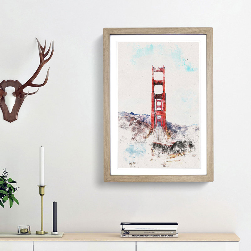 Golden Gate Bridge Abstract Watercolour - Picture Frame Graphic Art, Oak Framed, 63cm H x 45cm W x 2cm D