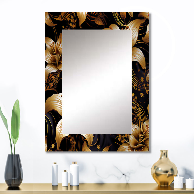 Golden Lily Flower Glam On Black II - miroir décoratif lys, miroir mural doré, impression sur métal, 32 po x 24 po