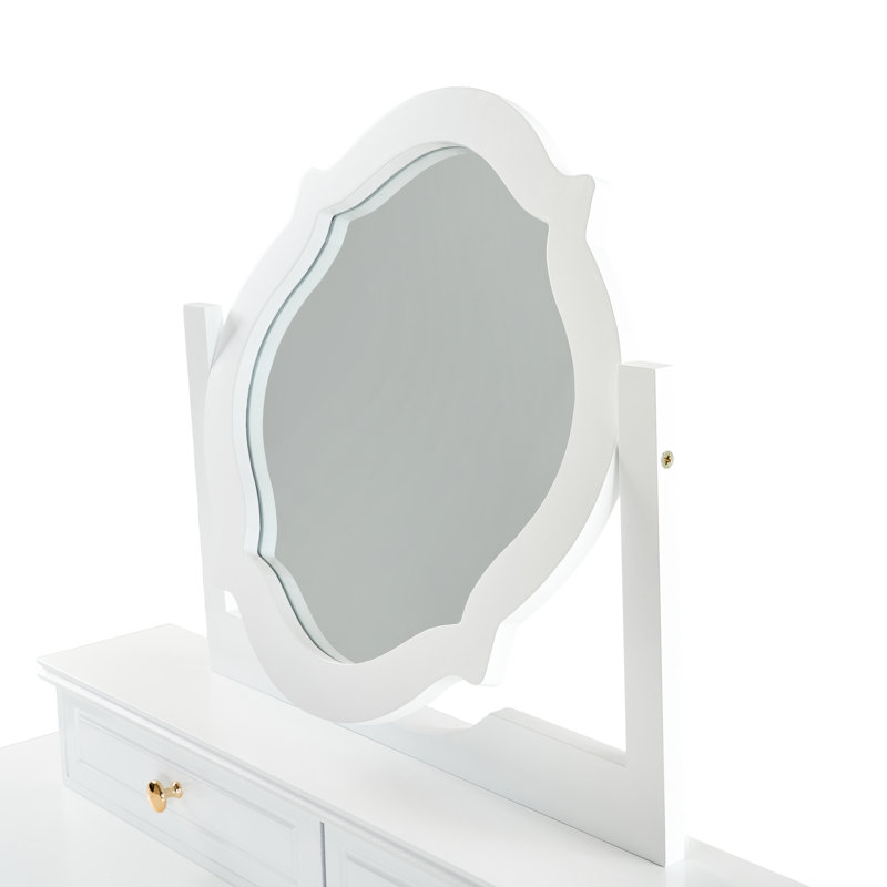 Space - Saving White Dressing Table With Four Leaf Reversible Mirror, Golden Handles, 5 Drawers For Cosmetics, Comfortable Seating Round Of Various Sizes, Stool