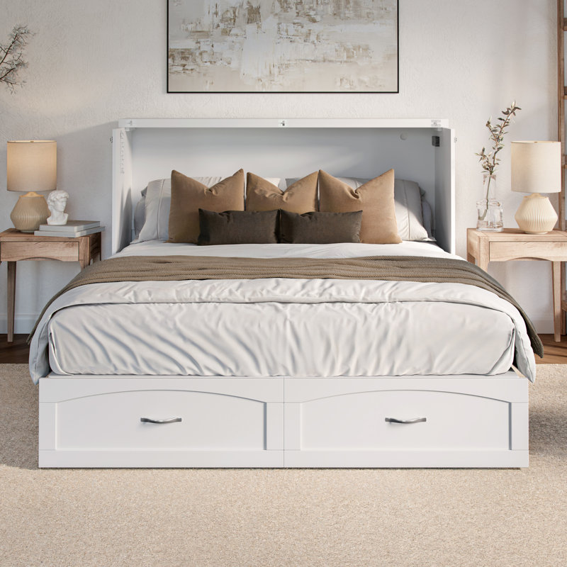 Marion Queen Wood Murphy Bed Chest with 6" Mattress, Storage Drawer, and Built-in Charger, White