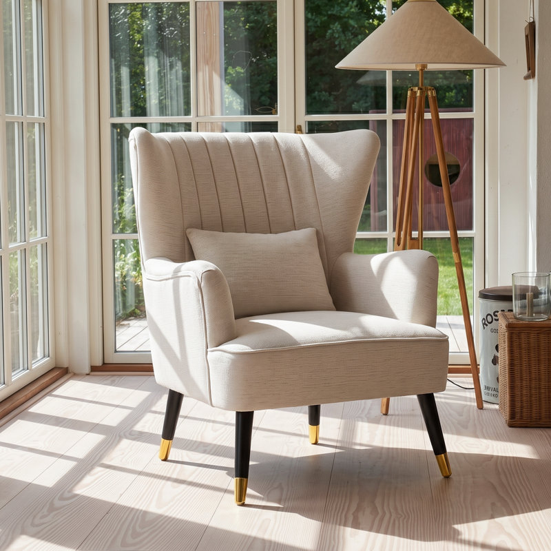 Nettey Upholstered Wingback Chair, Linen, Cream Beige