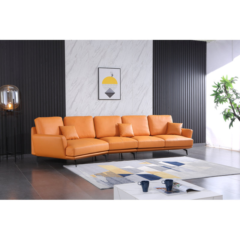 Putnam Upholstered Curved Sectional, Left Hand Facing, Orange Genuine Leather