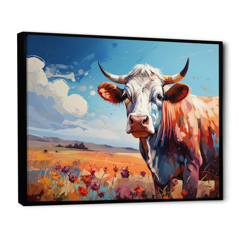 Vache, campagne, palette III - impression, Cadre flottant noir, H 12 po x l 20 po x P 1 po
