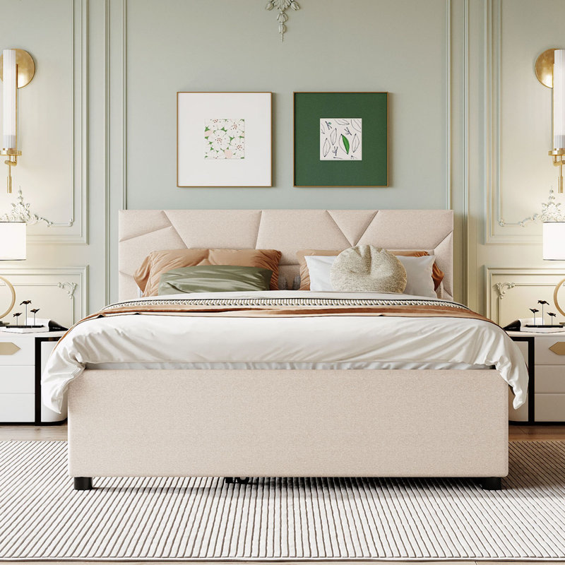 Kenn Linen Upholstered Bed with Trundle, Beige, Queen