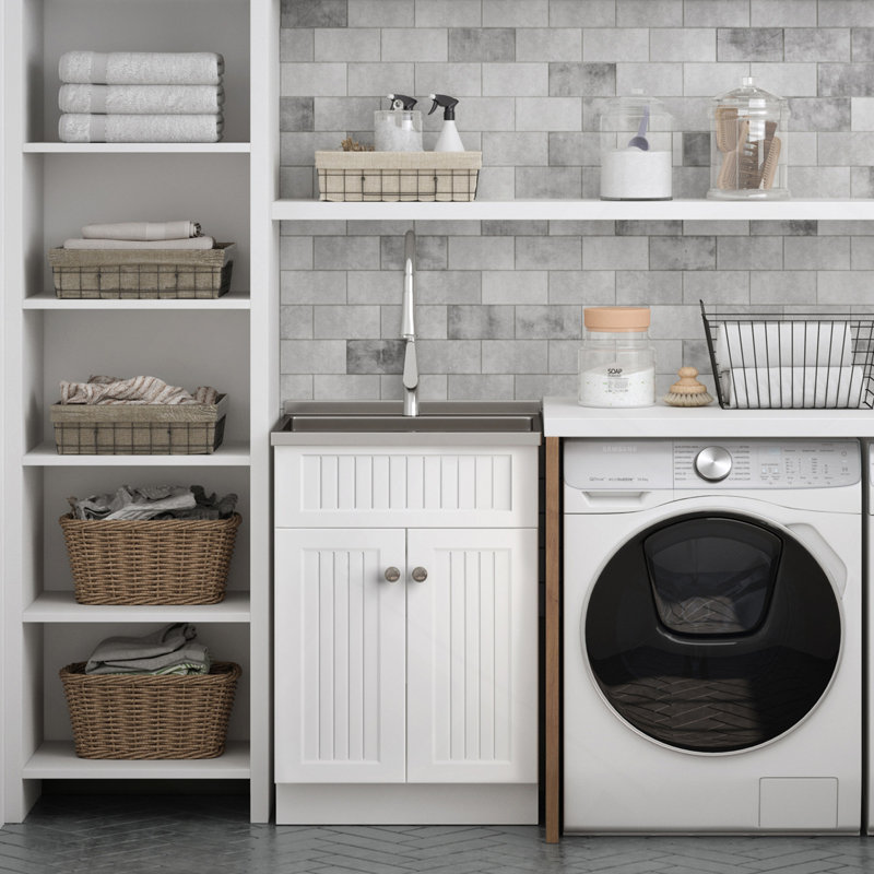 Beckham - Armoire à linge 24 po avec robinet et évier en acier inoxydable - blanc, 24"