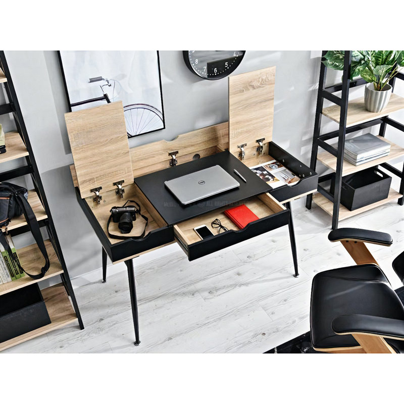 Theta Metal Base Writing Desk, Black, Oak/Black