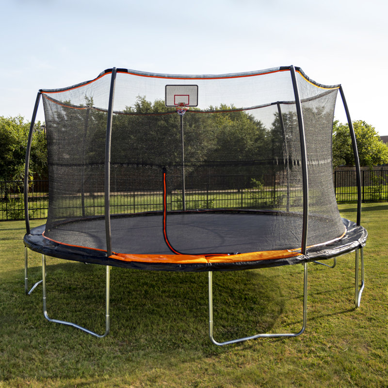 15' Black Round Trampoline with Enclosure and Basketball Hoop