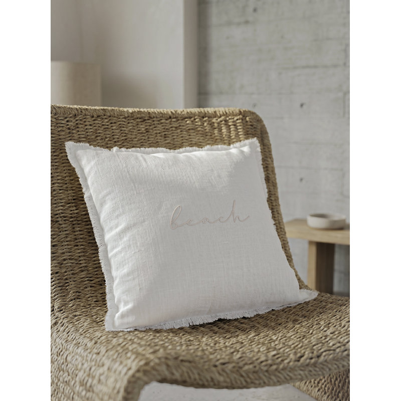 Coussin à franges en lin Beach Script, Duvet synthétique