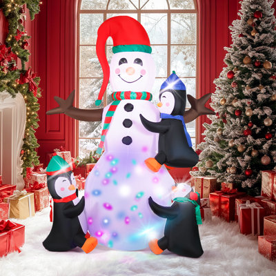 7FT Lighted Christmas Inflatable Snowman with Penguins - Automatic Inflation Yard Decor for Lawn & Garden Holiday Decor