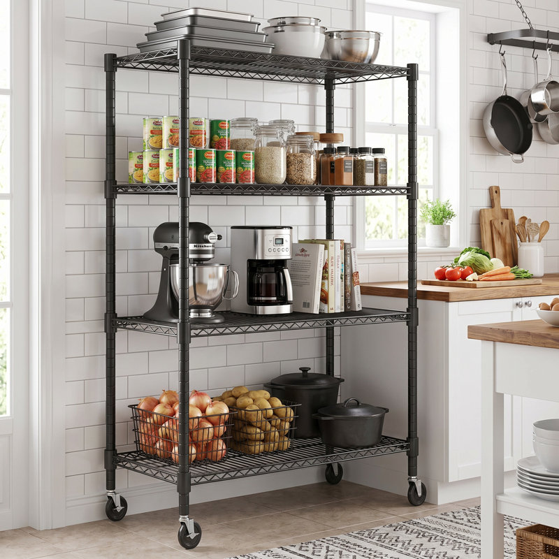 Étagère robuste à hauteur réglable avec roulettes, pieds de nivellement, Noir, (4 tablettes) H 72 po x l 36 po x P 18 po