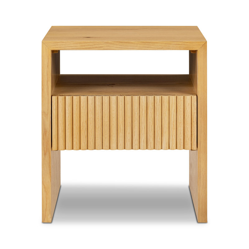 Leeds Oak Nightstand With Ribbed Design Drawer, Tan