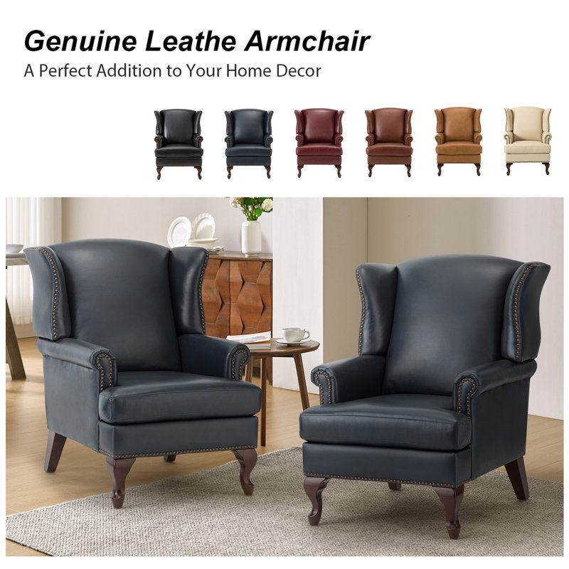 Fauteuil à oreilles Anapatria en cuir véritable, Cuir véritable bleu marine
