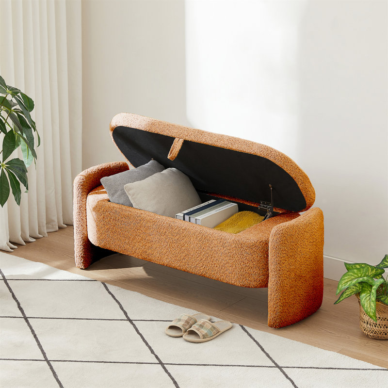 Borkovany Upholstered Storage Bench Ottoman Oval Storage Bench Fleece Fabric  Bench with Storage, Orange