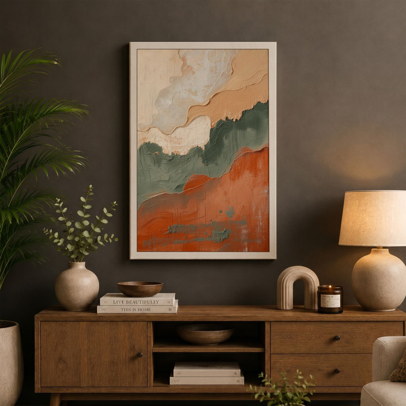 Layered Earth Forms Abstract - Wrapped Canvas, 36x24 - 91.4 x 61.0 cm, Teal Border