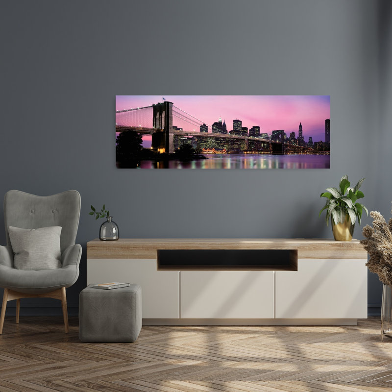 Brooklyn Bridge Across The East River At Dusk Manhattan New York City New York State USA by Richard Sisk - Wrapped Canvas Panoramic Print