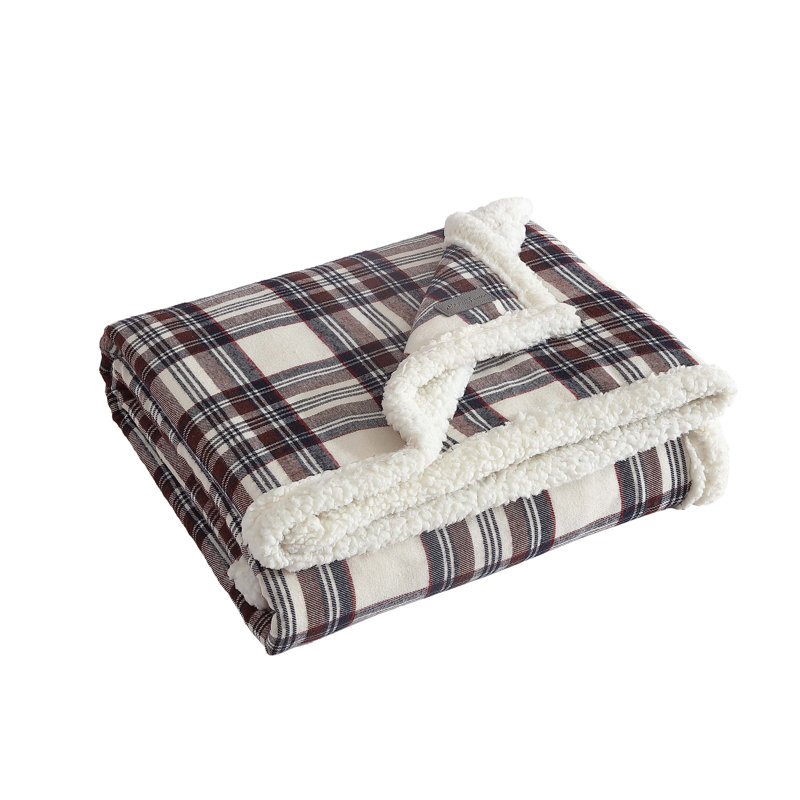 Eddie Bauer Edgewood Plaid Flannel/Sherpa Throw Blankets, Khaki