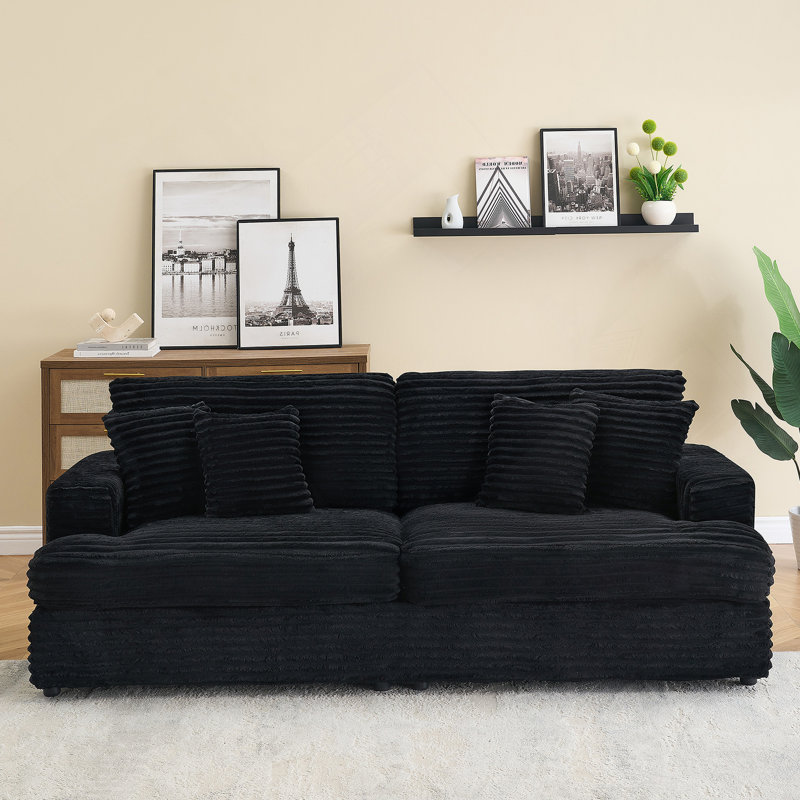 Corduroy Sofa 3 Seater Sofa Couch with 4 Toss Pillows Sleek Design Modern Comfortable for Room, 35" H x 88.58" W x 35" D