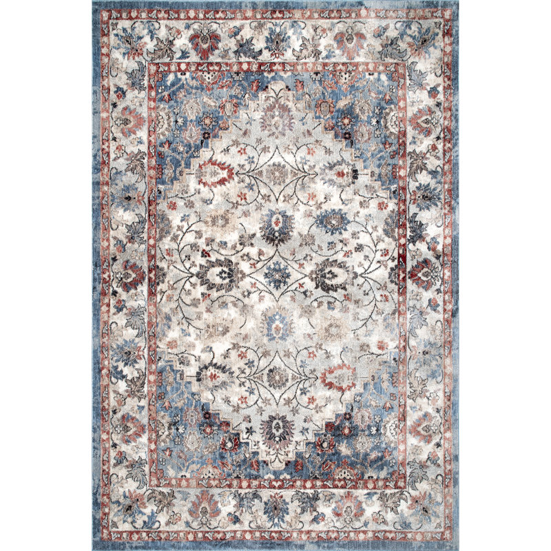 Tapis oriental bleu / orange / ivoire, Rectangle 8 pi 10 po x 9 pi 8 po