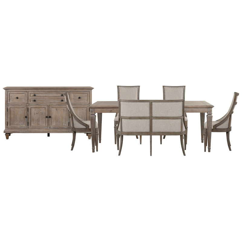 Extendable Rectangular Dining Table With 4 Arm Chairs Upholstered Bench And Buffet, 7 Pcs: Table, 4 Chairs, Bench, Buffet